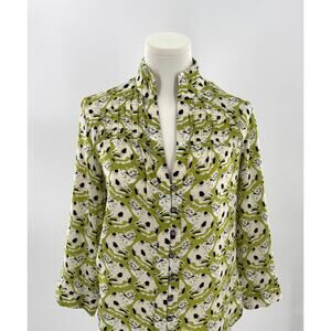 Anthropologie Green Cat Shirt Long Sleeve Button Up Blouse Whimsical Top 0 XS
